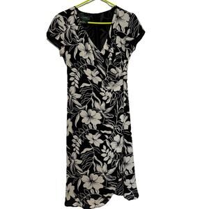 Lauren Ralph Lauren Black Ivory Silk Floral Faux-Wrap Dress 8 Classy Office
